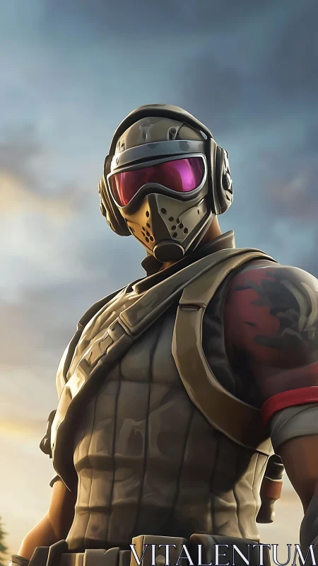 Armored gamer hero gazing ahead in glowing evening light.