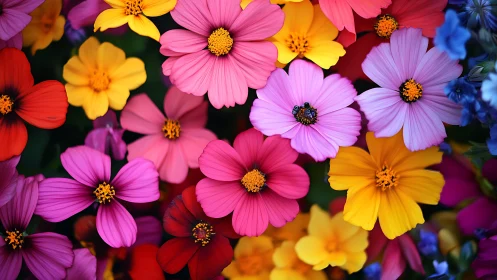 Vibrant Cosmos Flower Garden with Golden Centers in Saturated Color Palette.