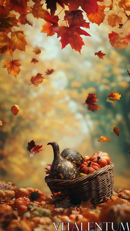 Autumn basket of gourds rests under swirling maple leaves