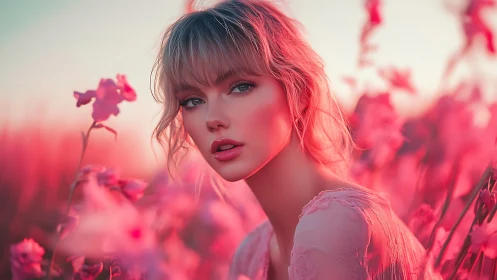 Blushing dusk crowns a serene muse in neon wildflowers