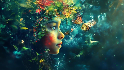 Spectral child profile entwined with florals and lepidoptera.