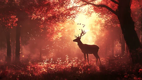 Stag stands in glowing red forest under backlit sunrise