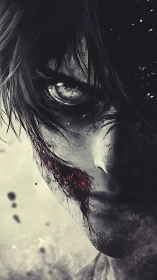 Half-lit wounded face with intense eye and dark mood.