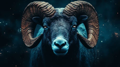 Midnight horned ram gazes calmly through a cosmic glow