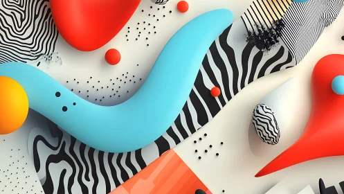 3D abstract shapes curve over bold zebra stripe patterns