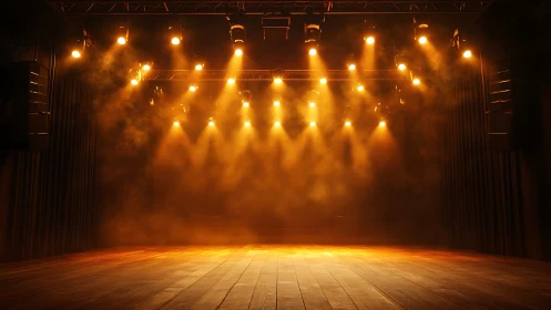 Empty theater stage under bright warm spotlights tonight.