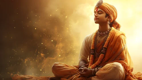 Golden-robed young meditator resting in peaceful stillness.