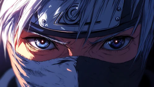 Intense masked ninja gaze under steel forehead protector.