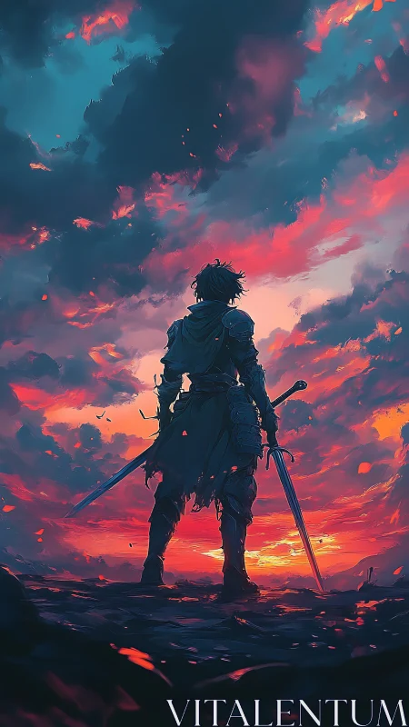 Backlit warrior silhouette under bifurcated neon sunset sky.