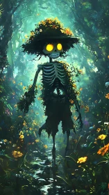 Skeleton scarecrow with glowing eyes stands in overgrown forest