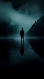 Cinematic silhouette on misted lake with axial reflection study.