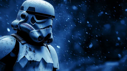 Snow-dusted sci fi armor stands steady in a midnight storm