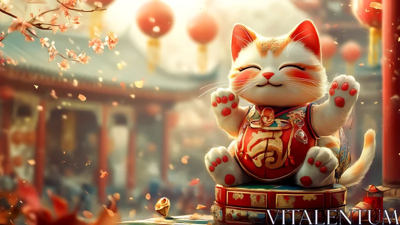 Lucky Cat in Golden Sanctuary with Red Lanterns.