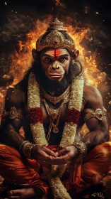 Serene monkey deity in glowing garlands and sacred fire.