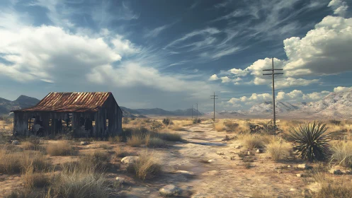 Sunlit desert shack and wandering road under soft clouds.