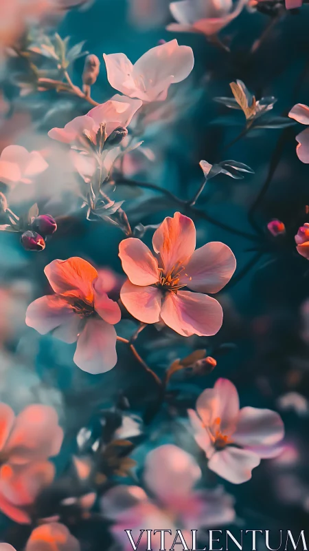Pink and coral flowers with soft focus teal background