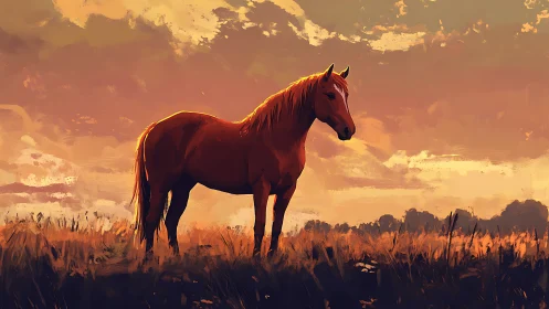 Golden evening sunlight gently wraps around a calm horse