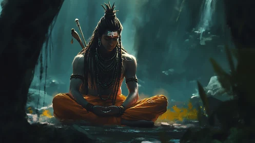 Meditating ascetic sits in forest clearing under soft light