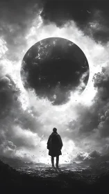 Lone figure studies colossal eclipse within turbulent clouds