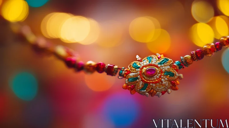 Radiant festive rakhi glows against dreamy colorful lights