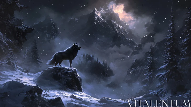 Lone frostwolf measures the moonlit roar of the mountains