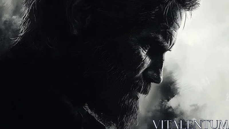 Brooding bearded warrior emerges from stormy monochrome clouds.