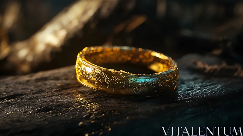 Gold ring with engraved symbols rests on textured surface