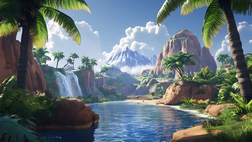 Tropical Paradise Landscape with Waterfall and Snow-Capped Peak