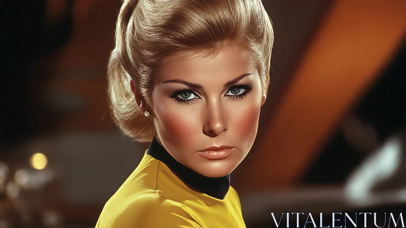 Cinematic portrait of blonde woman in retro-futurist uniform