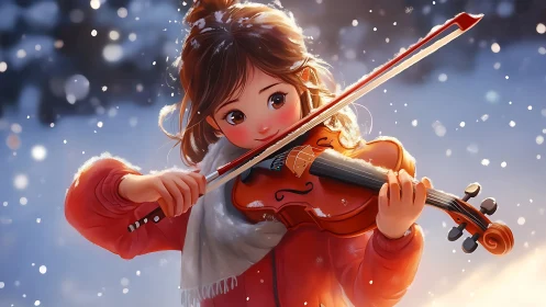 Snowlit anime girl performing violin under falling flakes.