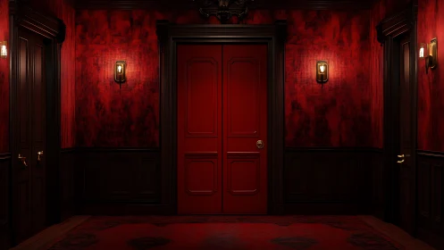 Red interior corridor shows central door with dark wall paneling