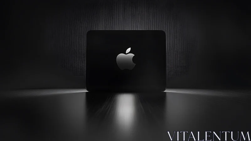 Black Apple laptop on reflective surface in dark studio.