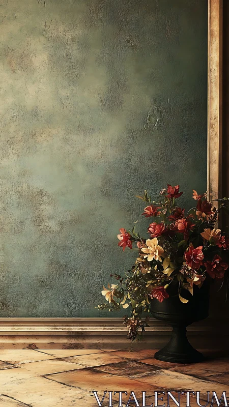 Softened wall silence lets a baroque bouquet quietly glow