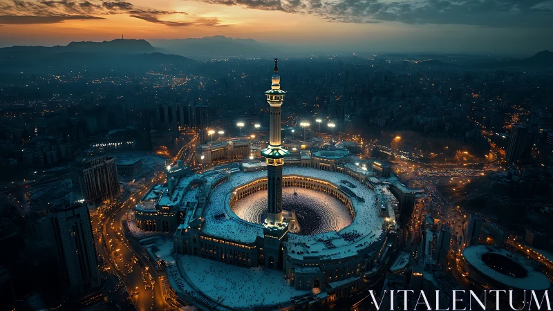 Golden evening over a glowing sacred city heart.