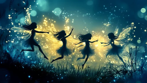 Four glowing fairies dancing in a luminous night meadow.