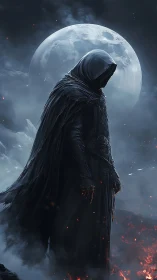 Hooded dark figure under full moon in smoky night scene.
