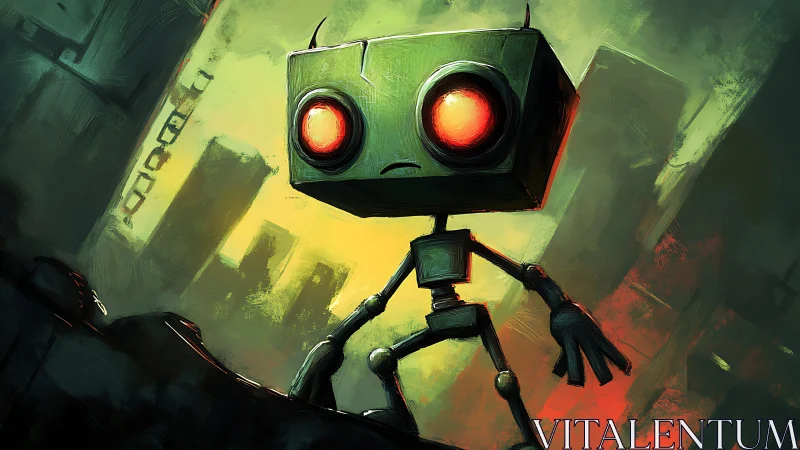 Neon-eyed robot prowling through smoky urban ruins at dusk.