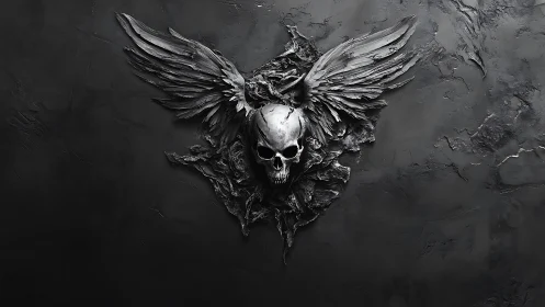 Winged metallic skull relief on dark textured wall.