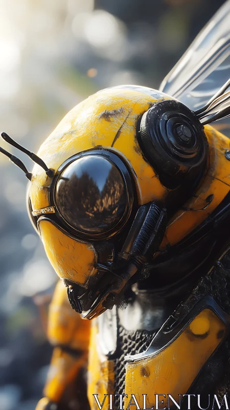 Cybernetic bee exosuit close-up in high-detail 3D render.