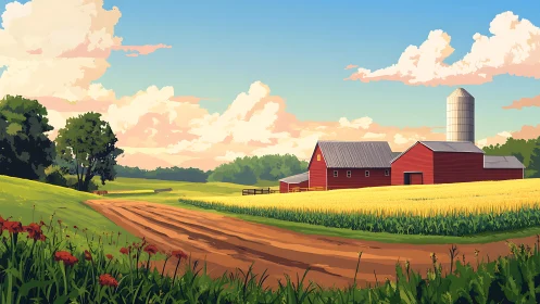 Rural farm landscape with red barns and silo under sky.