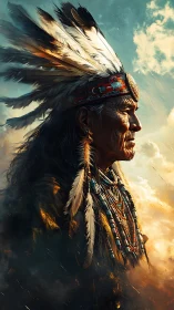 Sky-worn elder in feathered crown beneath storm-soft light.