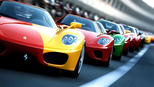 Colorful sports cars surge forward in a thrilling racetrack chase