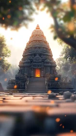 Ancient stone temple glows with central pyro-luminous portal