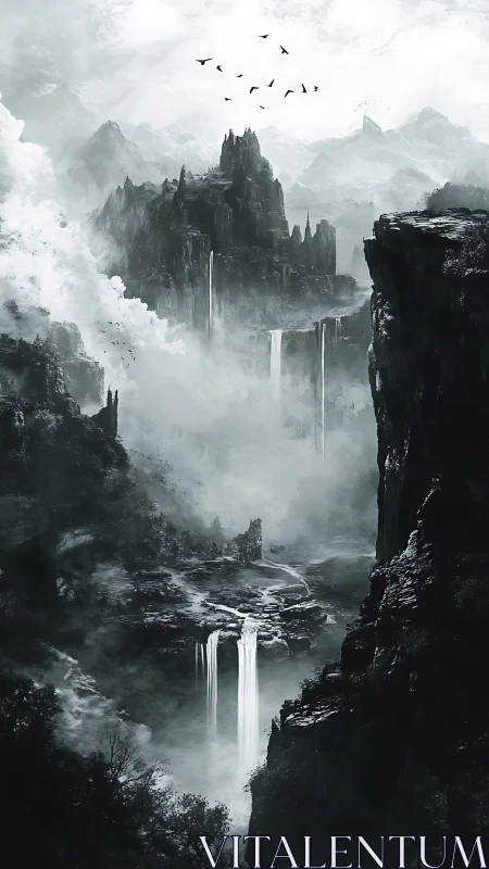 Monochrome fantasy cliffs with tiered waterfalls and misted depth.