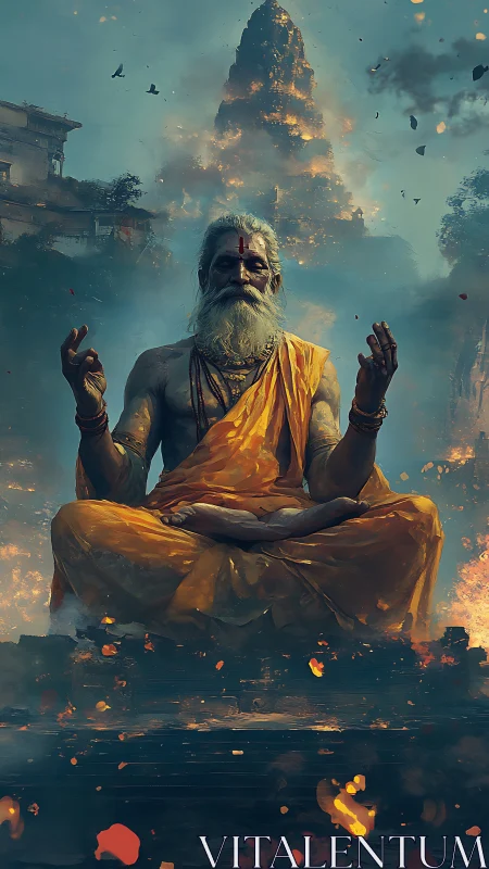 Meditating elder figure before distant burning temple.