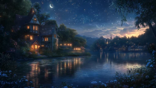 Lakeside village houses glow under a starry twilight sky