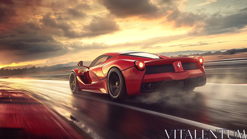 Red supercar powers through wet racetrack at blazing sunset