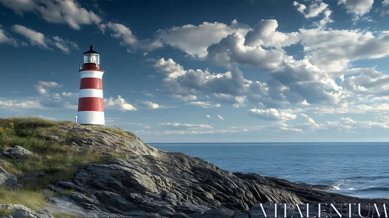 Striped lighthouse positioned on rocky coastal promontory.