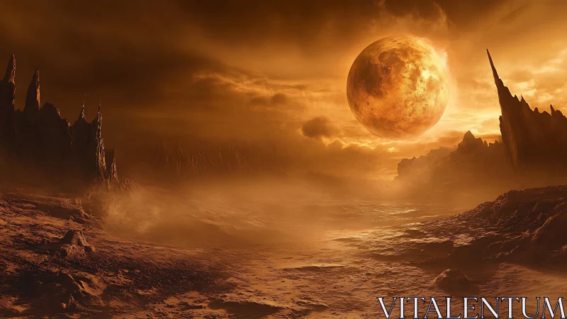 Alien desert planet under burning orange moon at dusk.