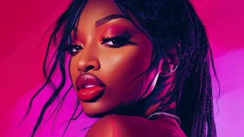 Velvet neon portrait glowing with confident quiet glamour.